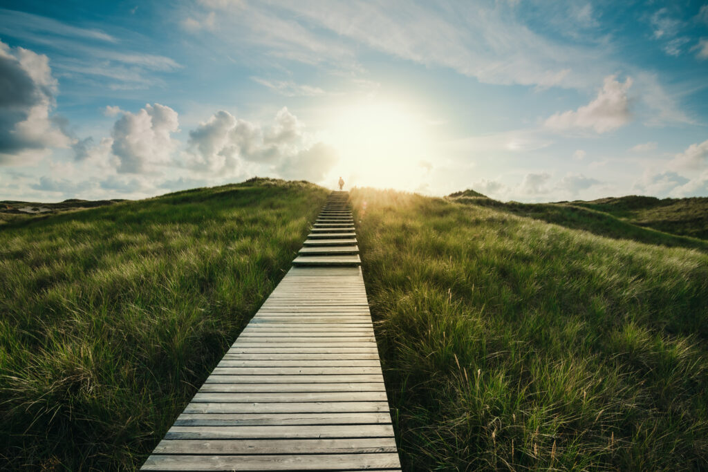 A long boardwalk surrounded by tall grass extends out from the foreground into the distance, where the silhouette of a person is seen standing before a cloudy blue sky and looming sunset.