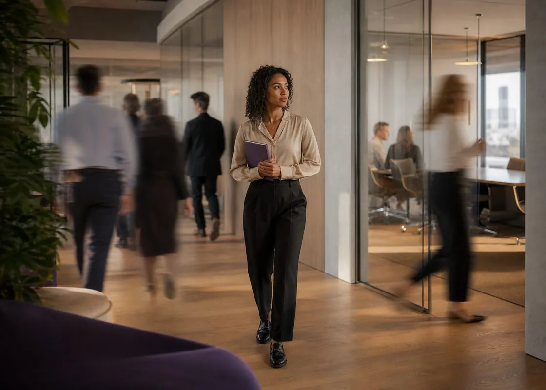 Professional walking in sharp focus through a busy office while colleagues blur in motion around her