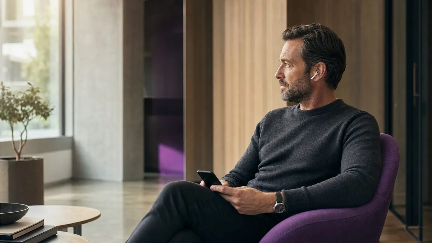 Employee having a private AI coaching session with naia by phone and earbuds in a quiet office corner