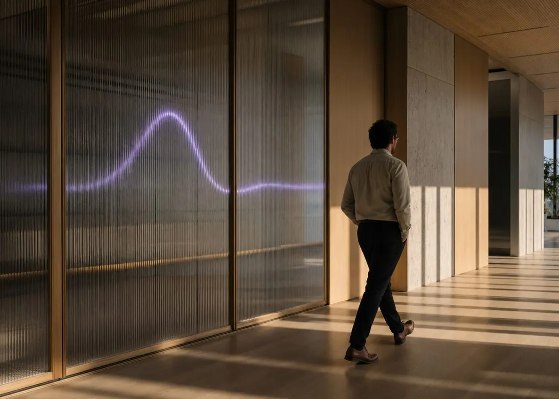 Employee walking along an office corridor as a purple stress waveform on the glass wall settles into a steady line