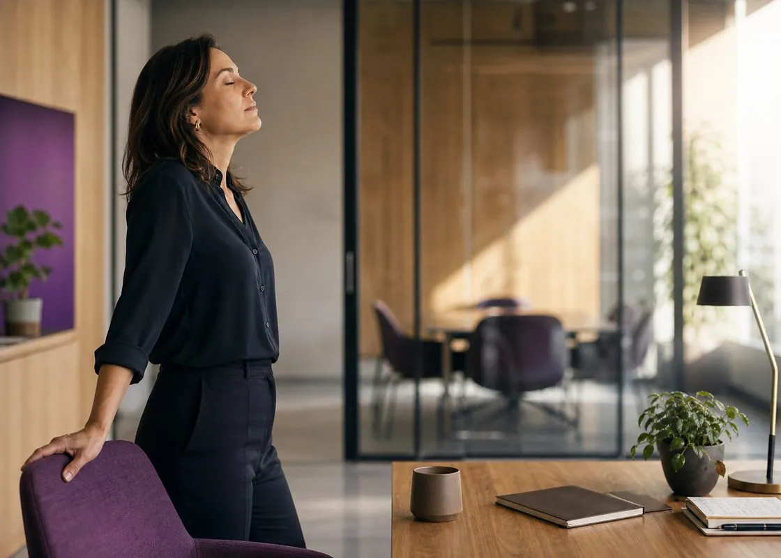 Employee pausing at her desk, eyes closed, taking a slow breath to reset during the workday